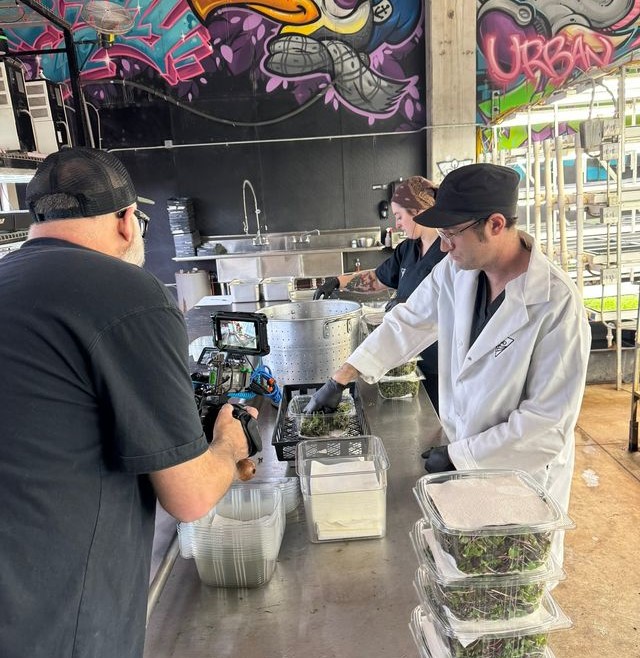 Behind the scenes of the CBS feature, trays of microgreens ready for harvest.